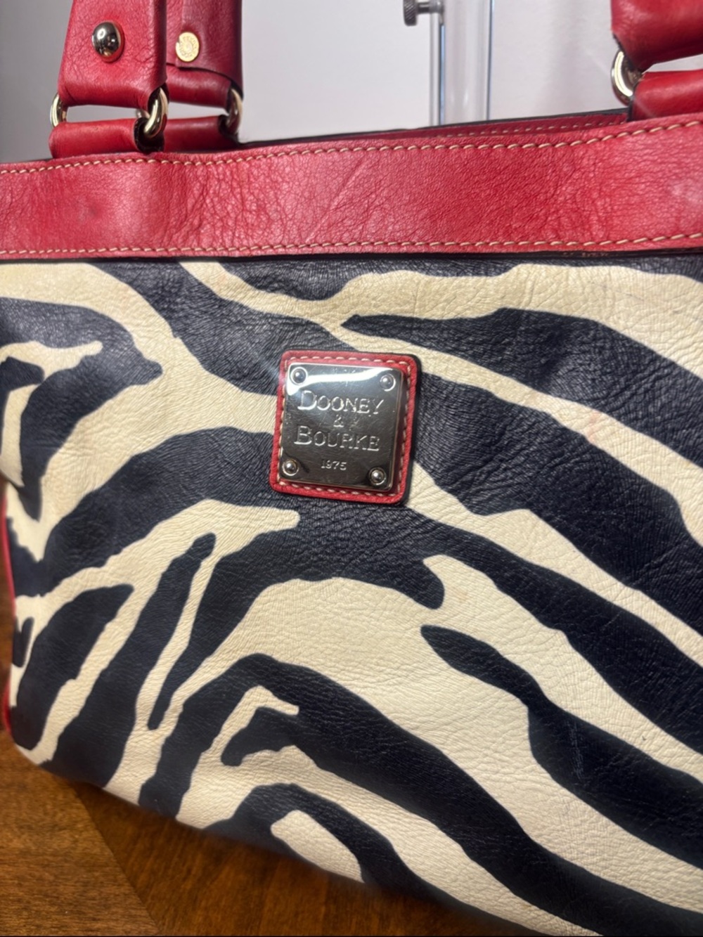 Dooney & Bourke Red Leather Trim Zebra-Print Tote Bag - Picture 6 of 16